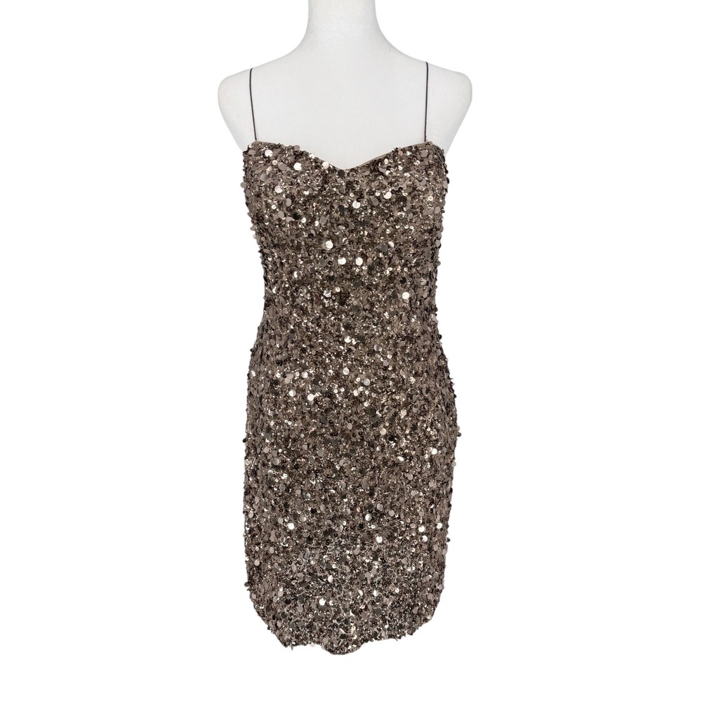 Scala Silk Bronze Sequin Mini Dress 10 Sweetheart Spaghetti Strap Party Glam